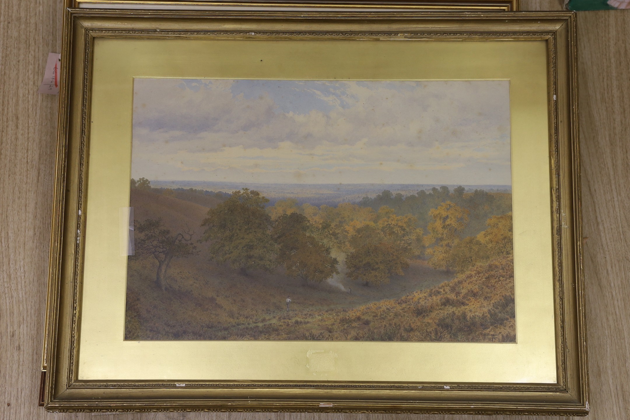 Charles Henry Bonney, watercolour, Landscape with figures in woodland, signed and dated 1887, 34 x 49cm, a Henry Charles Fox watercolour of a ferry crossing, dated 1906, 30 x 41cm and two other watercolours